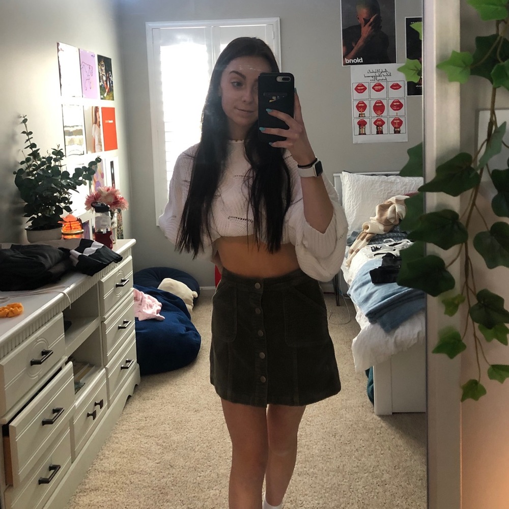 green corduroy mini button down skirt